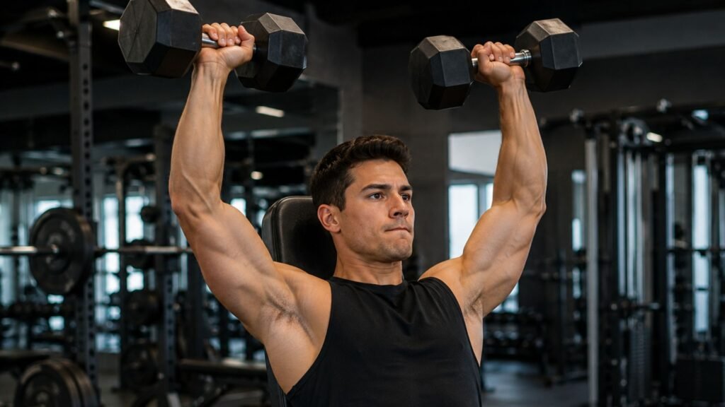 Man performing an overhead dumbbell press in a gym, lifting two heavy dumbbells above his head
