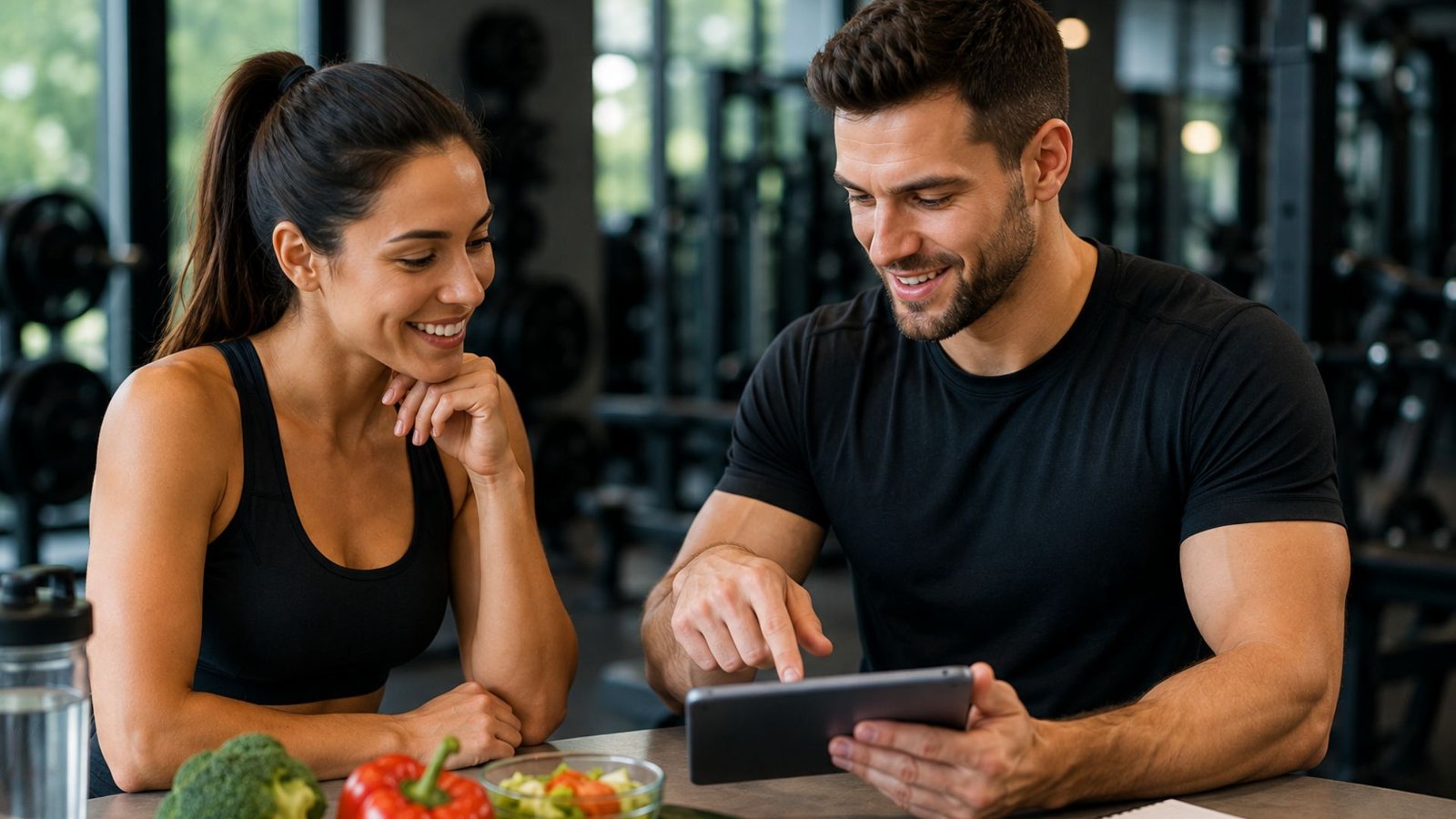 Smiling couple in workout clothes looking at a tablet at the gym, with fresh vegetables on the table in front of them.